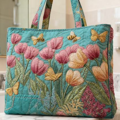 Teal Pink Tulip Quilted Tote Bag
