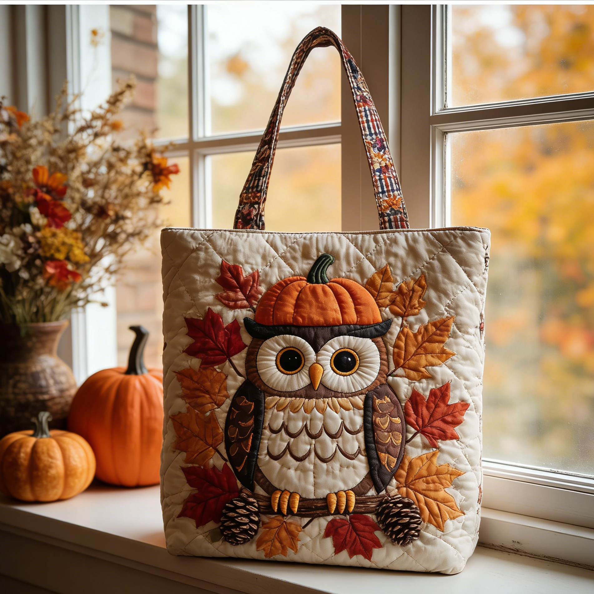 Fall Owl & Pumpkin Quilted Tote Bag