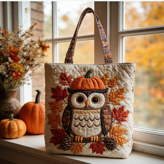 Fall Owl & Pumpkin Quilted Tote Bag
