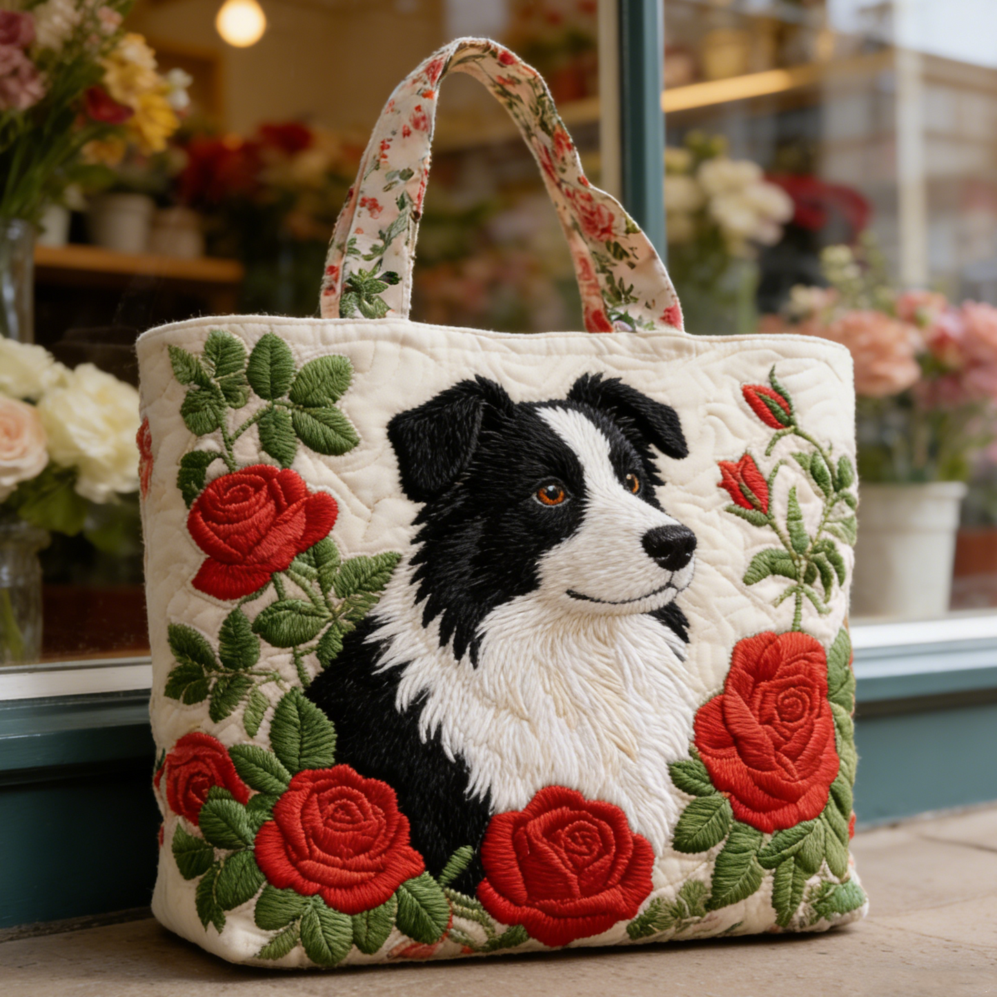 Border Collie & Rose Quilted Tote Bag lqpw8136