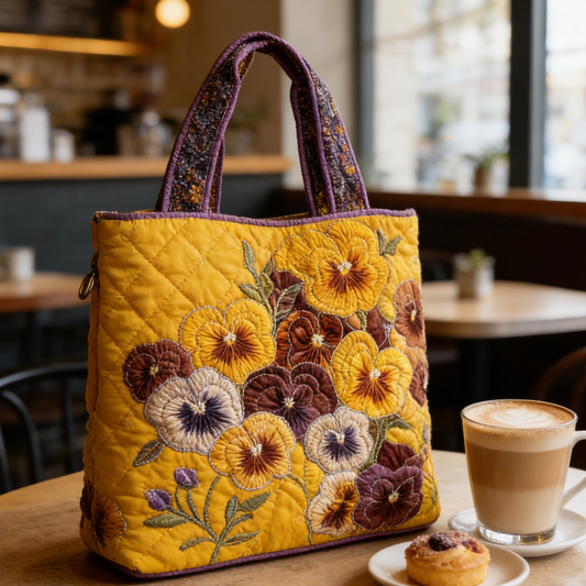 Yellow & Purple-Brown Pansy Quilted Tote Bag