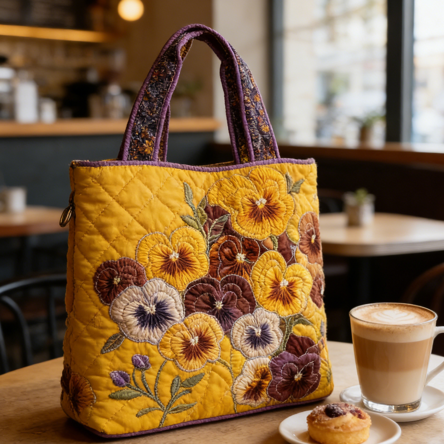 Yellow & Purple Brown Pansy Quilted Tote Bag