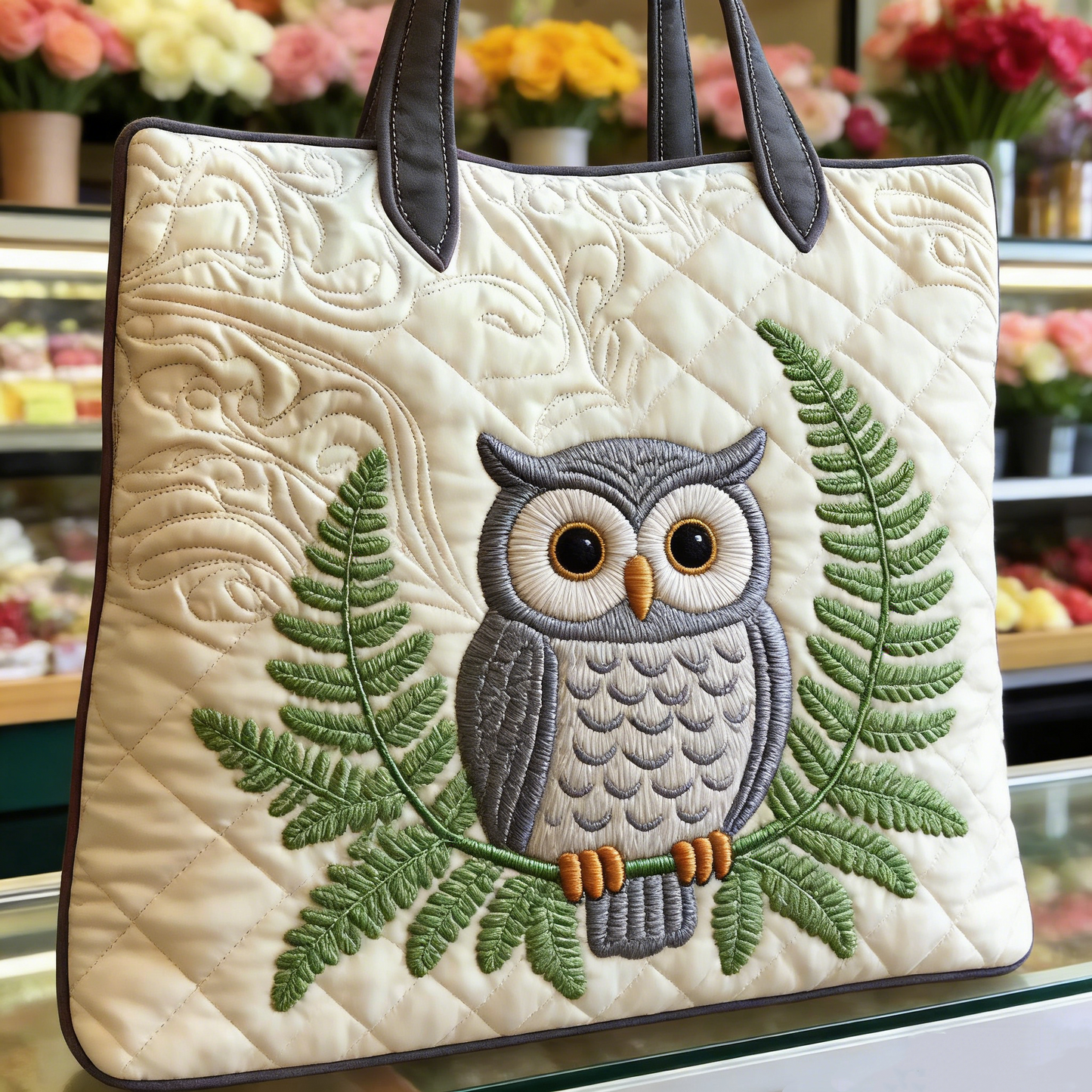 Quilted Owl & Fern Tote Bag Quilted Tote Bag