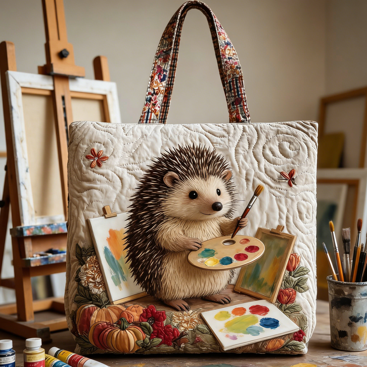Artist Hedgehog Quilted Tote Bag