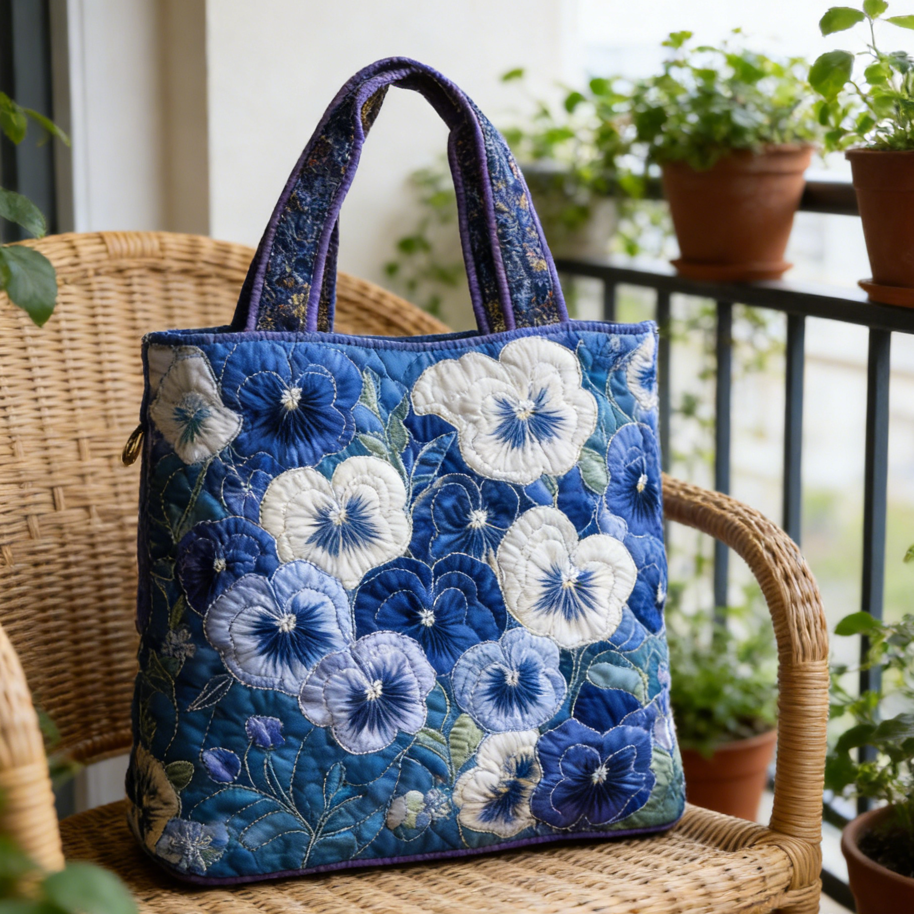 Blue-White Pansy Quilted Tote Bag