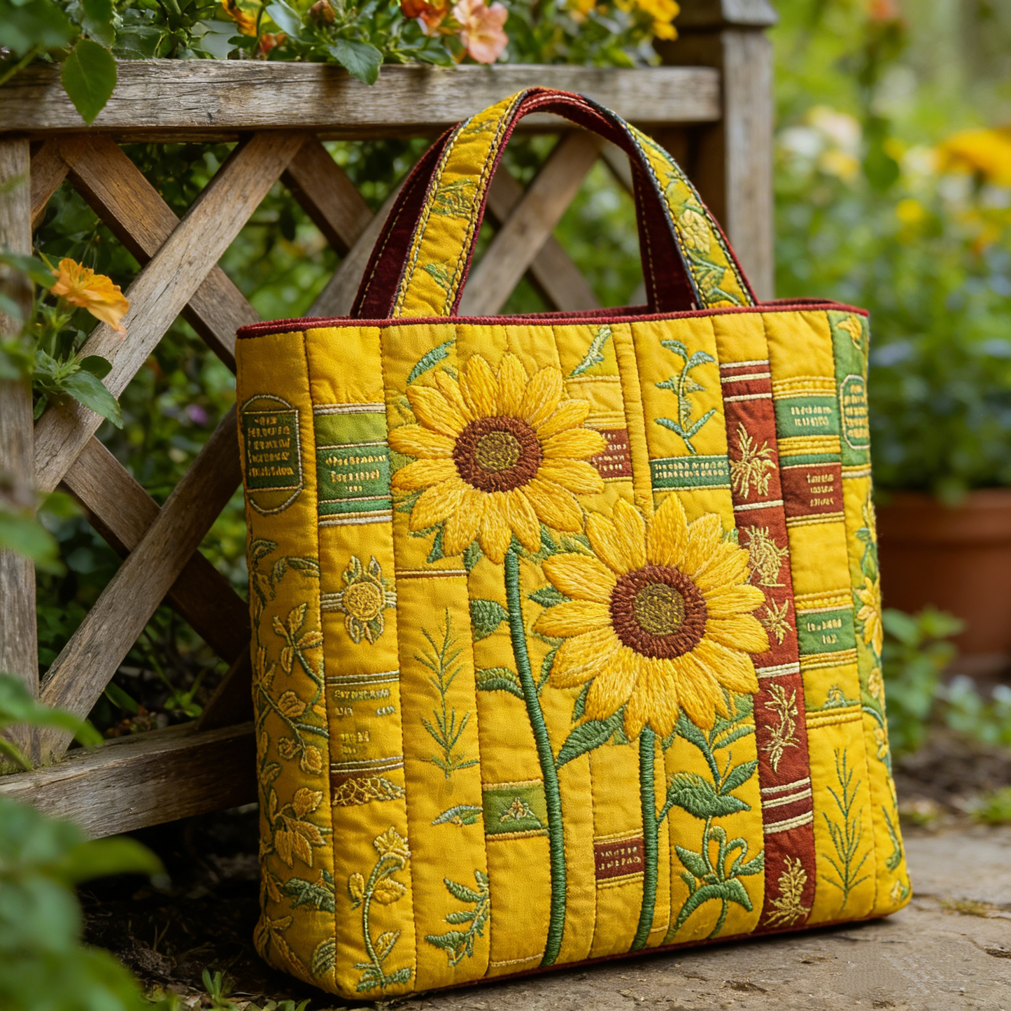 Sunflower & Vintage Book Quilted Tote Bag