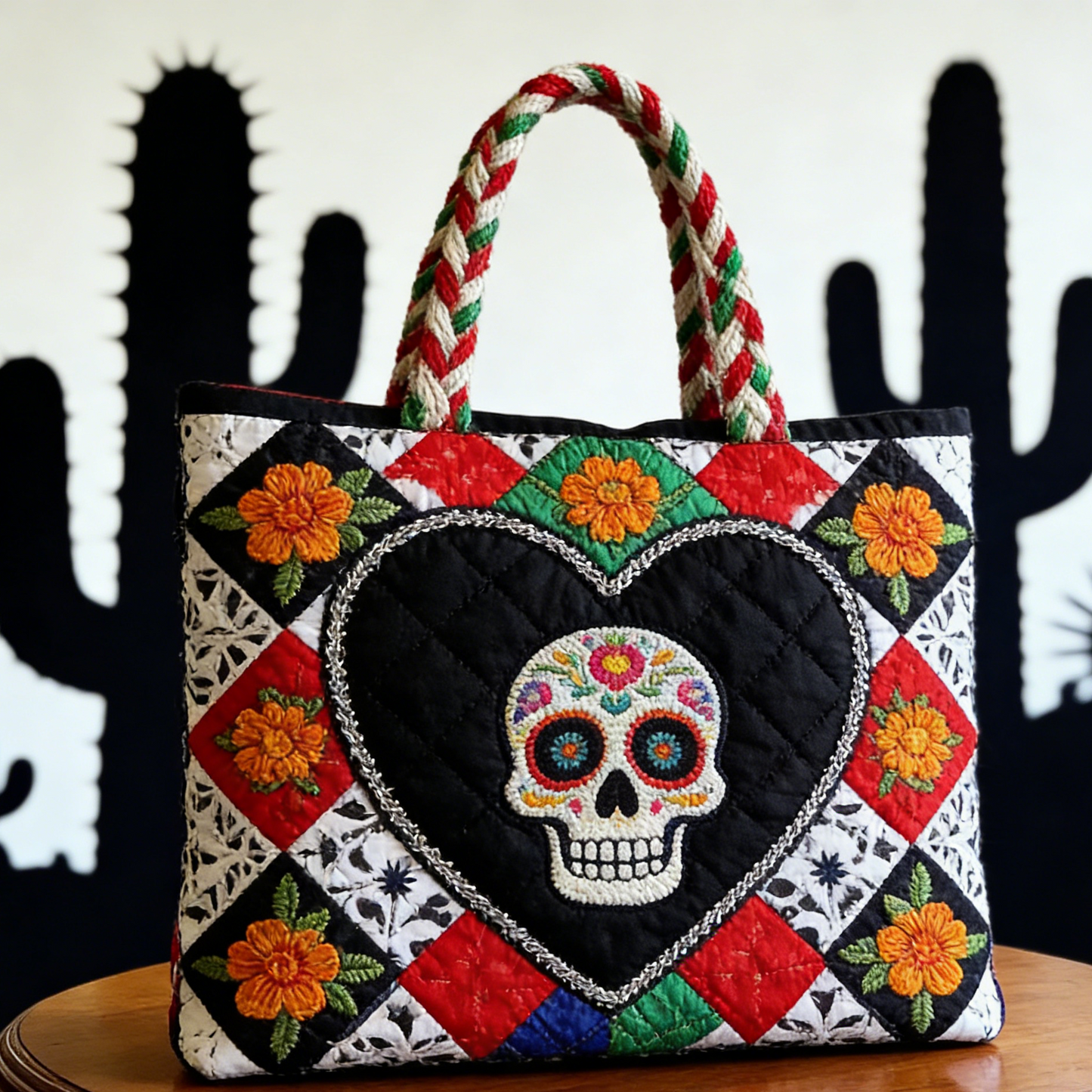 Quilted Mexican Sugar Skull Heart Tote Bag Quilted Tote Bag
