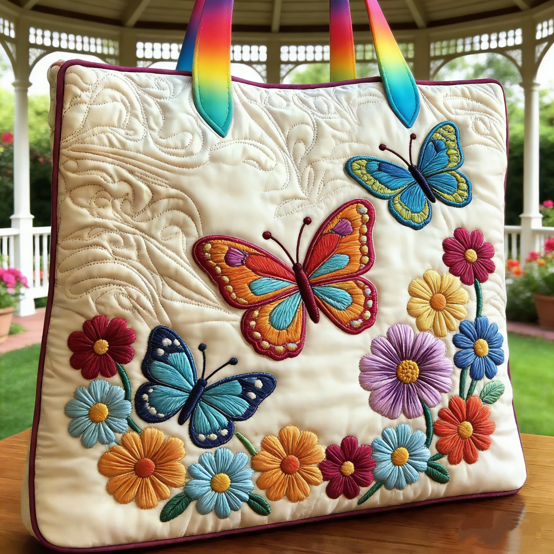 Colorful Butterfly Floral Quilted Tote Bag
