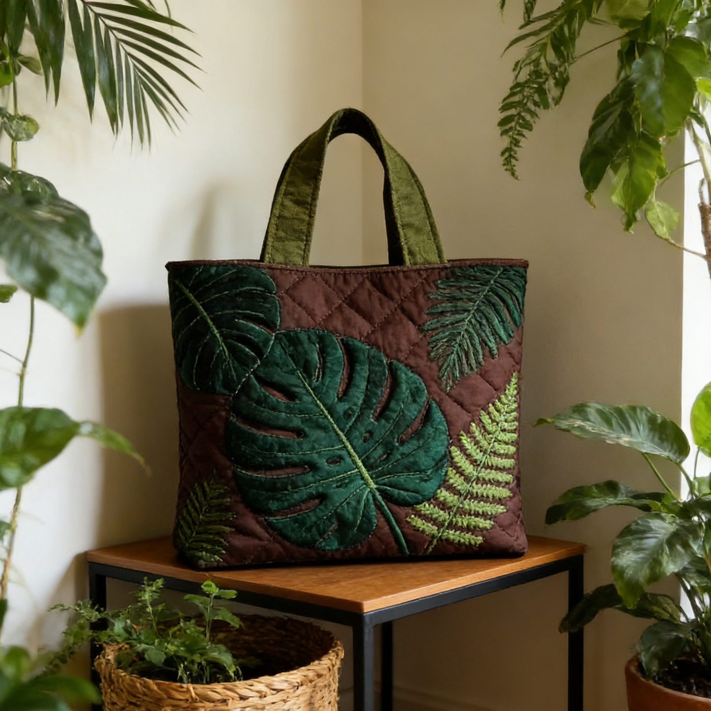 Lush Greenery Embroidery Canvas Tote Bag