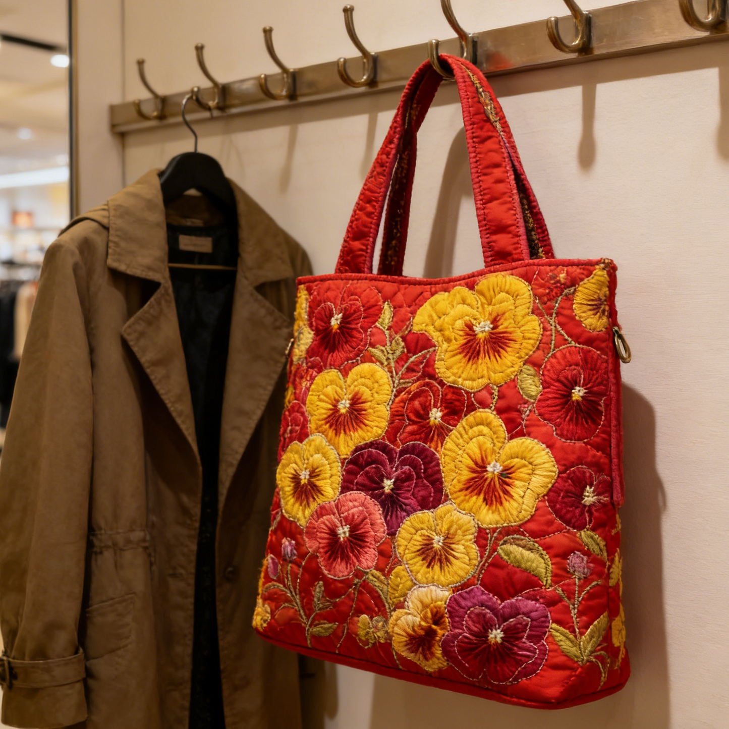 Red-Base Pansy Quilted Tote Bag