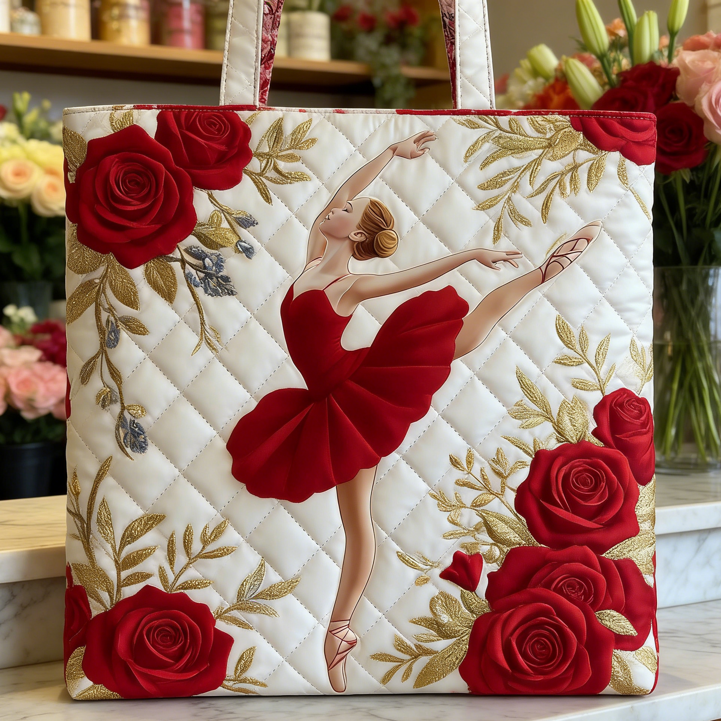 Red Ballerina & Gold Vine Quilted Tote Bag
