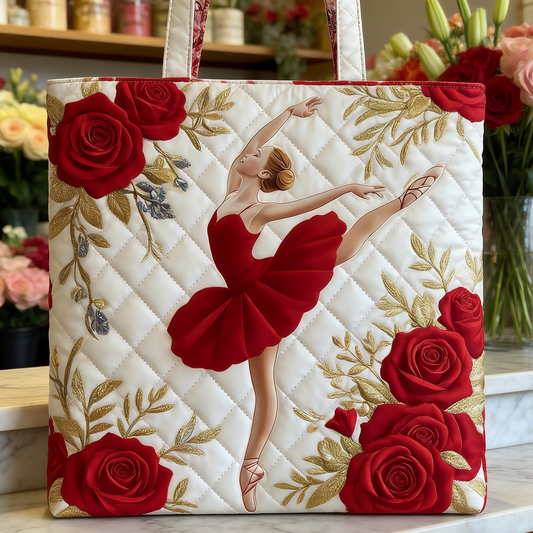 Red Ballerina & Gold Vine Quilted Tote Bag