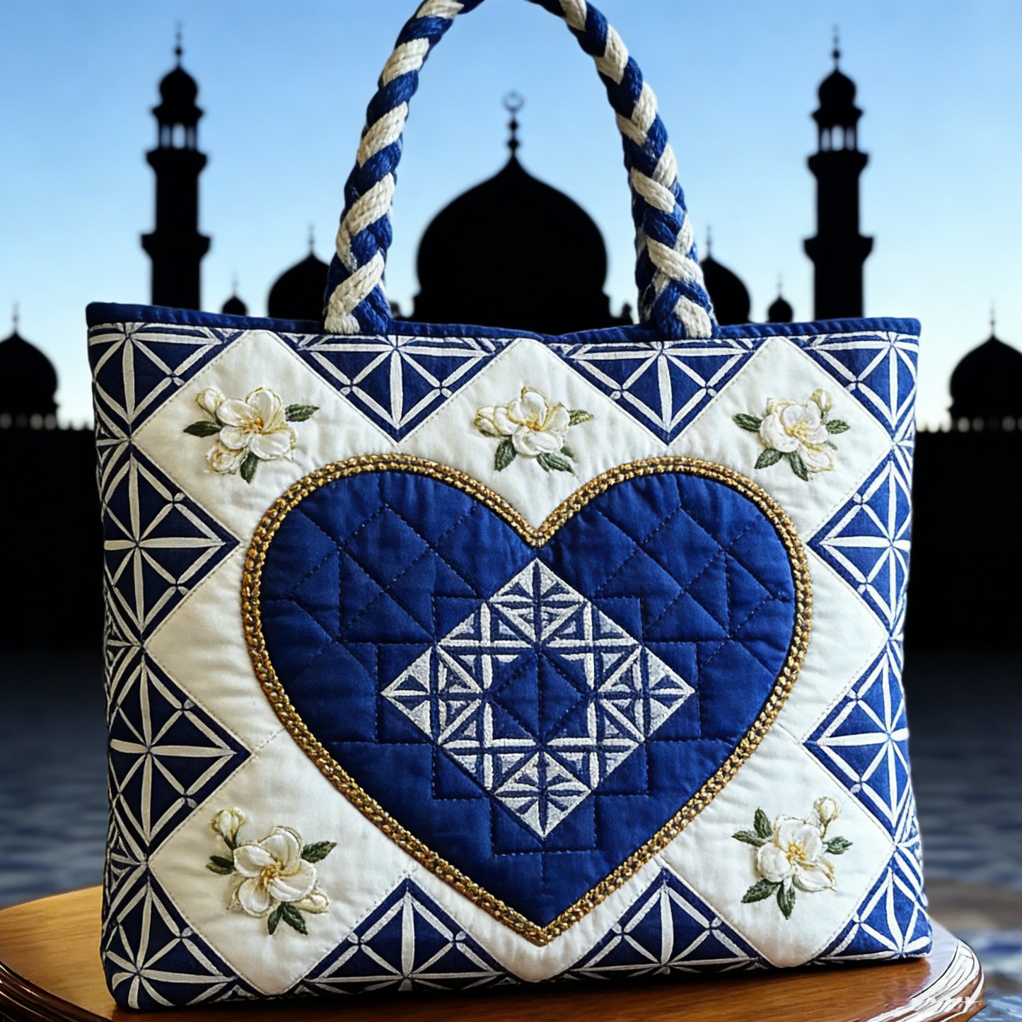 Quilted Islamic Geometric Heart Tote Bag Quilted Tote Bag