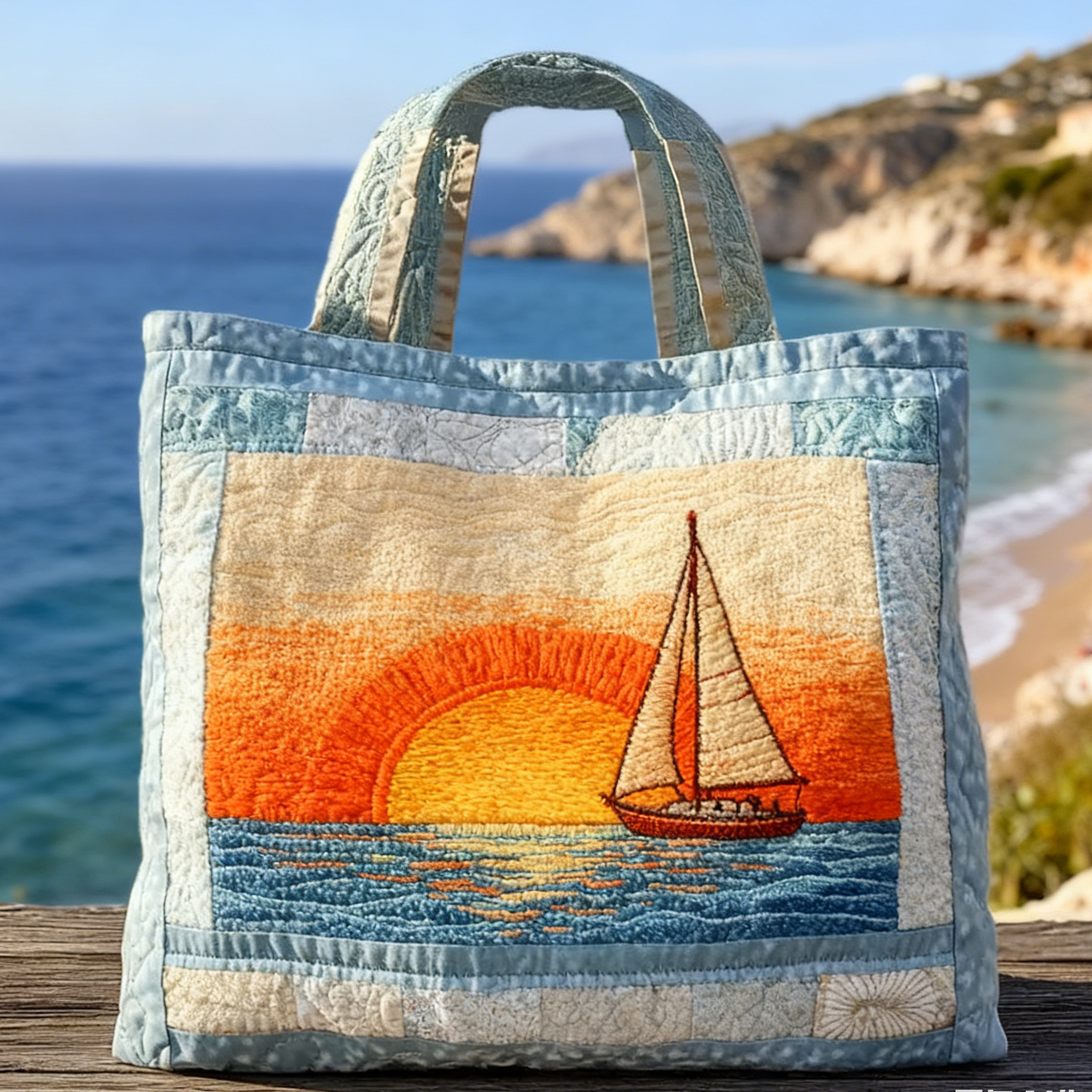 Pale Blue Coastal Quilted Tote Bag