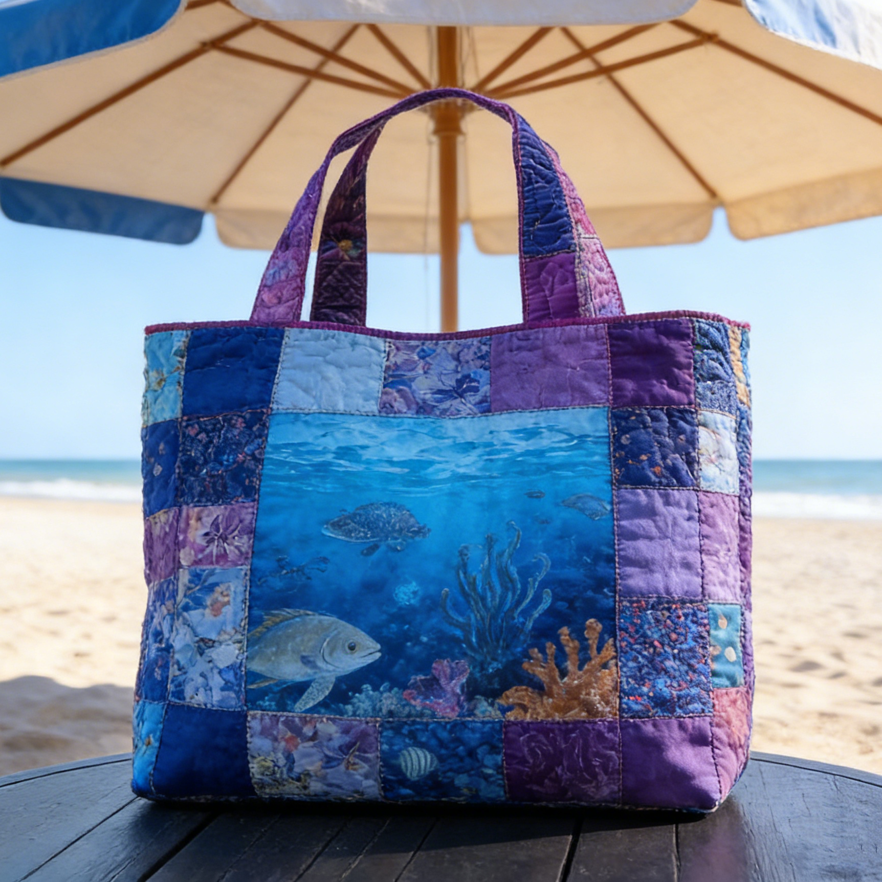 Blue-Purple Ocean Quilted Tote Bag
