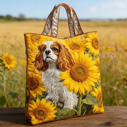 Sunflower Field Inspired Cavalier EfGh5678 Quilted Tote Bag