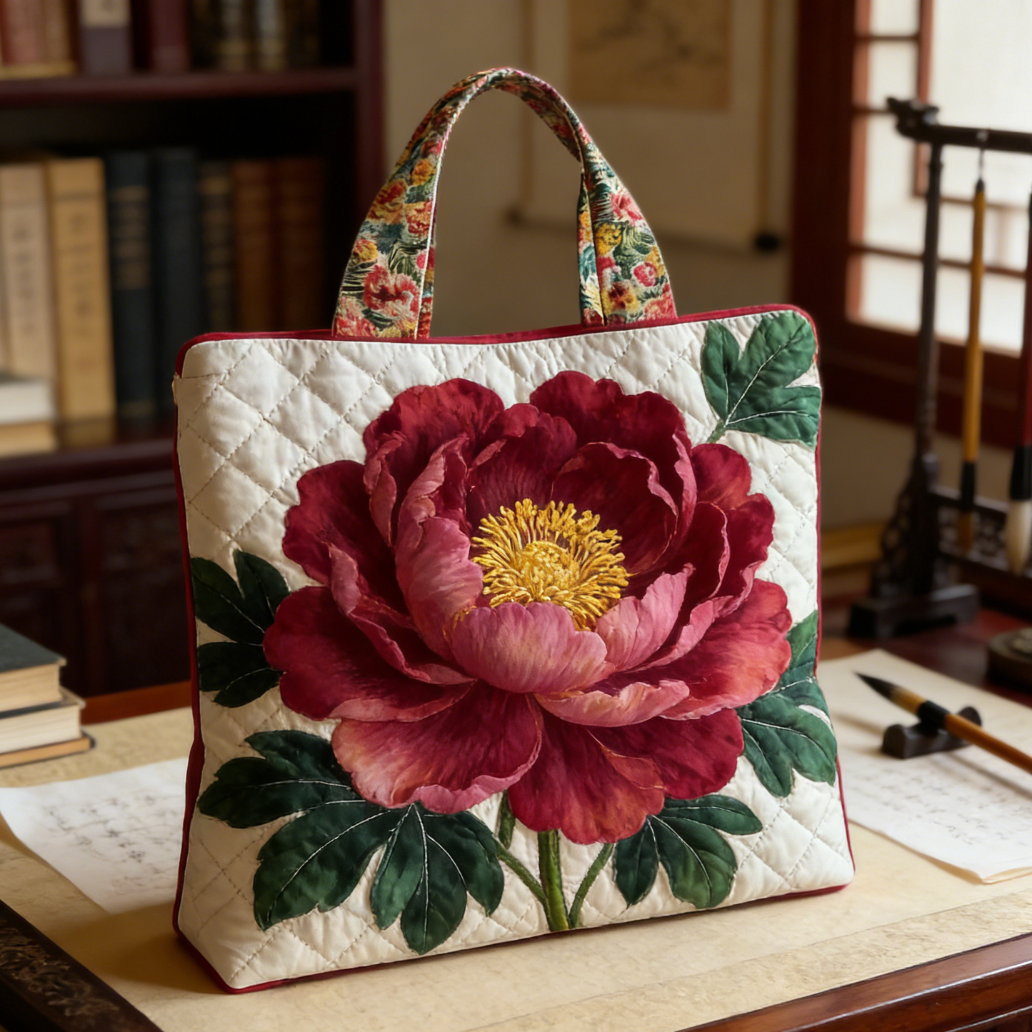 Embroidered Peony  Quilted Tote Bag