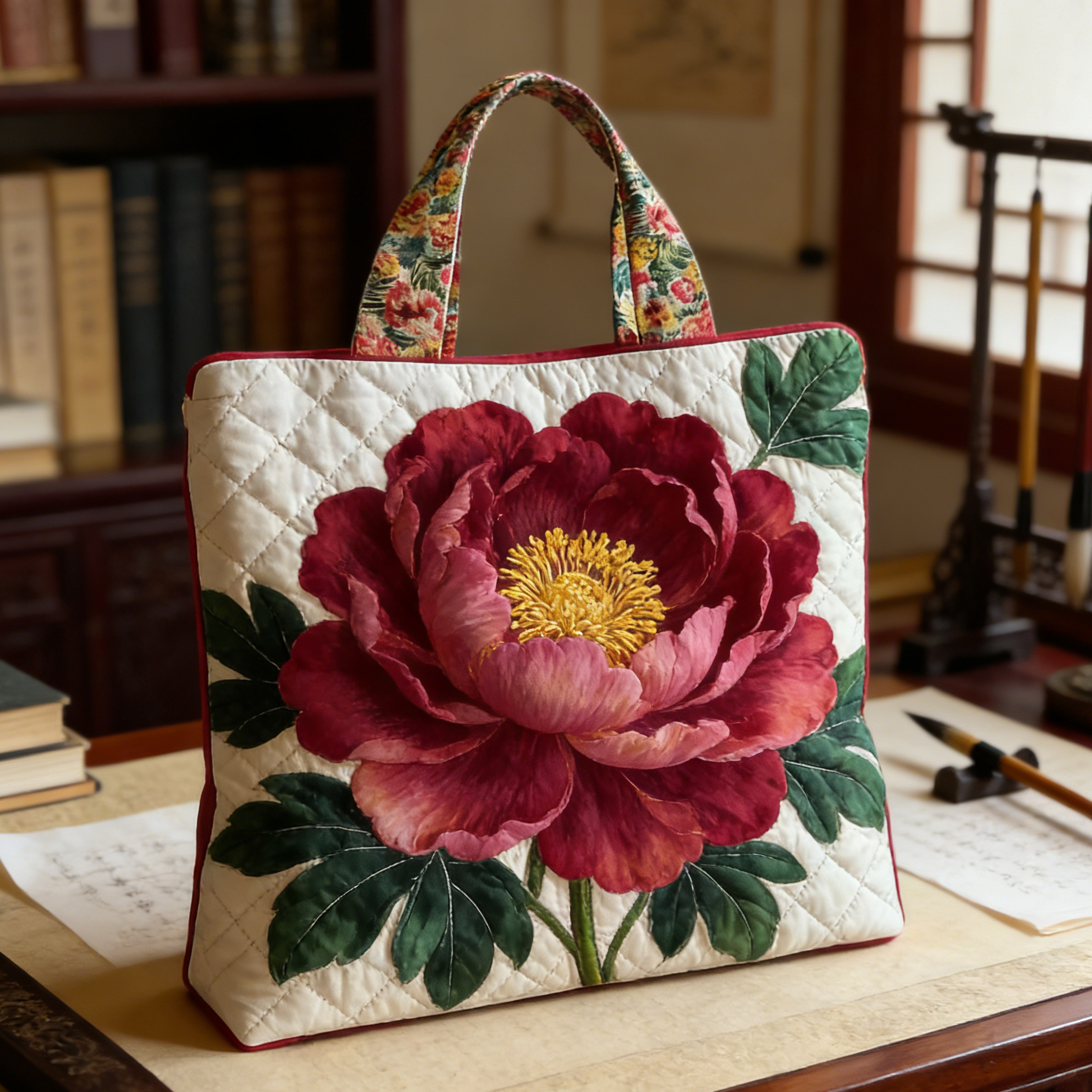 Embroidered Peony  Quilted Tote Bag