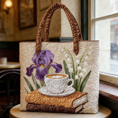 Charming Flower, Coffee & Book Quilted Tote Bag