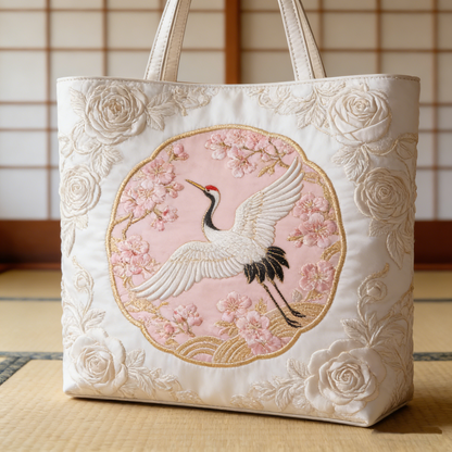 Elegant Crane & Sakura Quilted Tote Bag