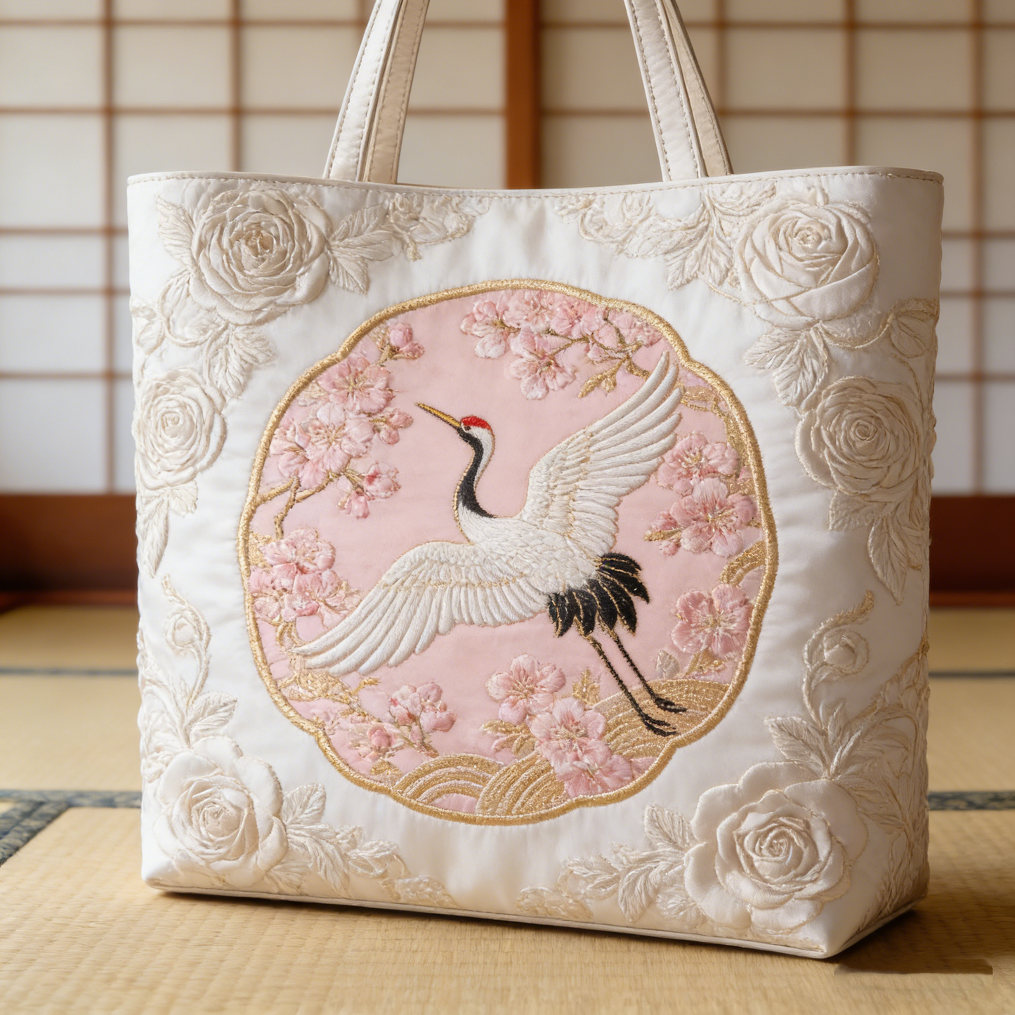 Elegant Crane & Sakura Quilted Tote Bag