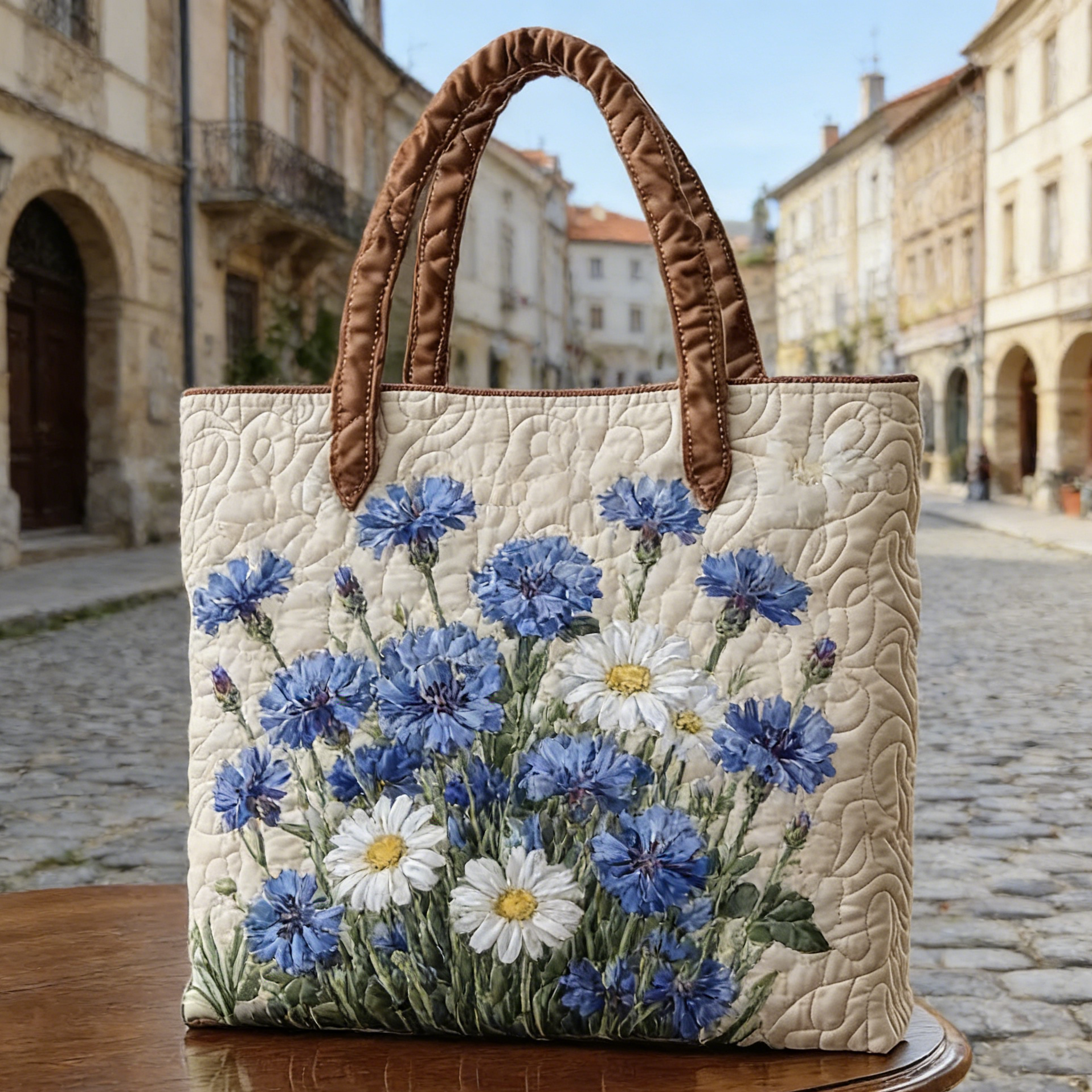 Blue Cornflower & Daisy Quilted Tote Bag