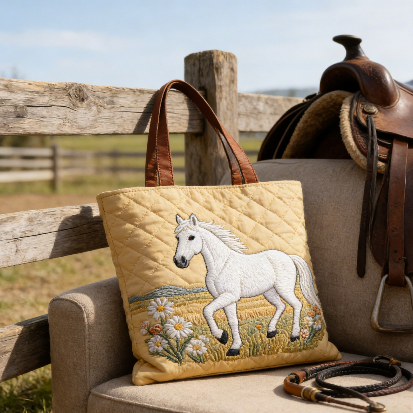 Stitched White Horse Quilted Tote Bag