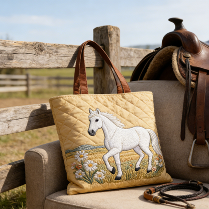Stitched White Horse Quilted Tote Bag