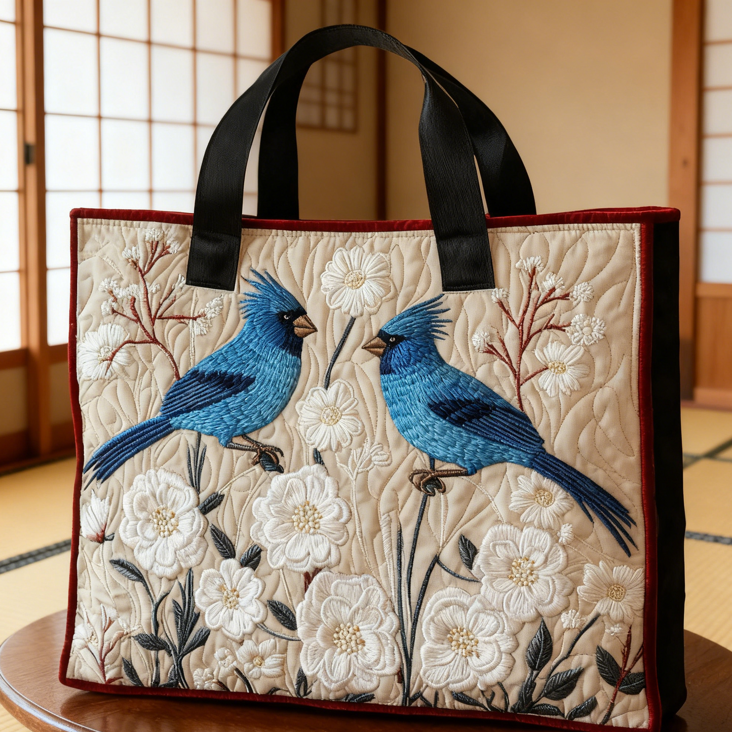 Embroidered Bird & Bloom Canvas Tote Bag