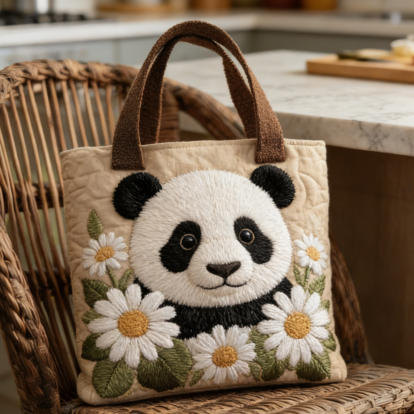 Beige Panda Daisy Quilted Tote Bag