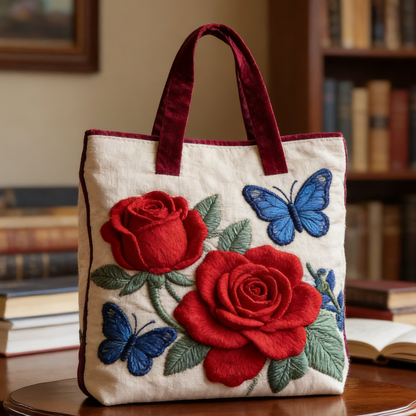 Red Rose Butterfly Quilted Tote Bag