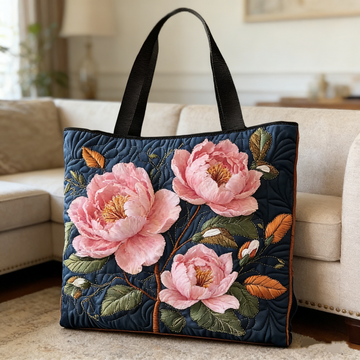 Navy & Pink Peony Quilted Tote Bag
