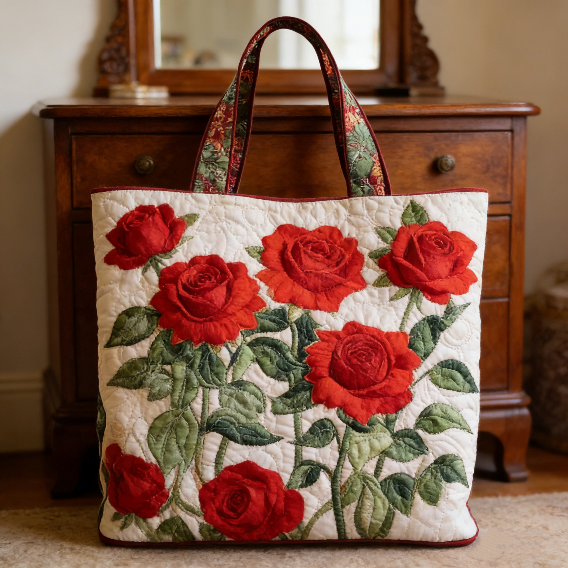 Crimson Rose Quilted Tote Bag