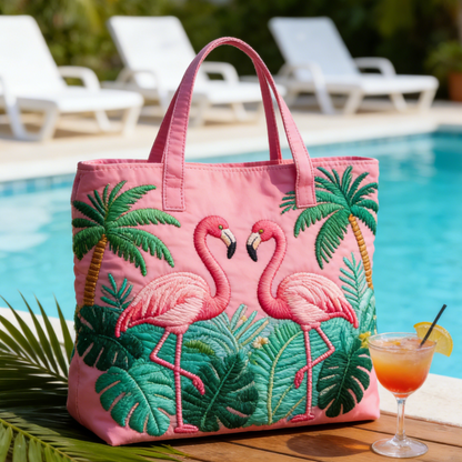 Pink Flamingo-Palm Quilted Tote Bag