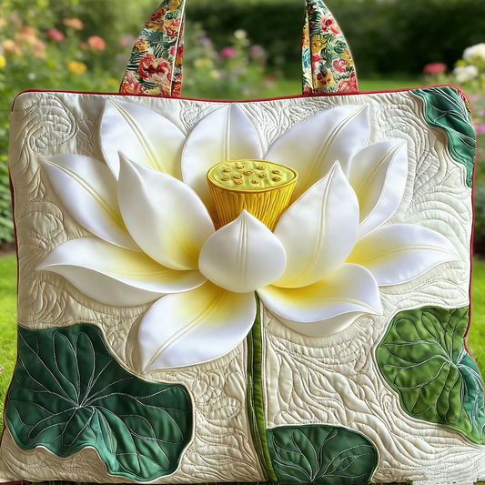 Zen White Lotus Quilted Tote Bag