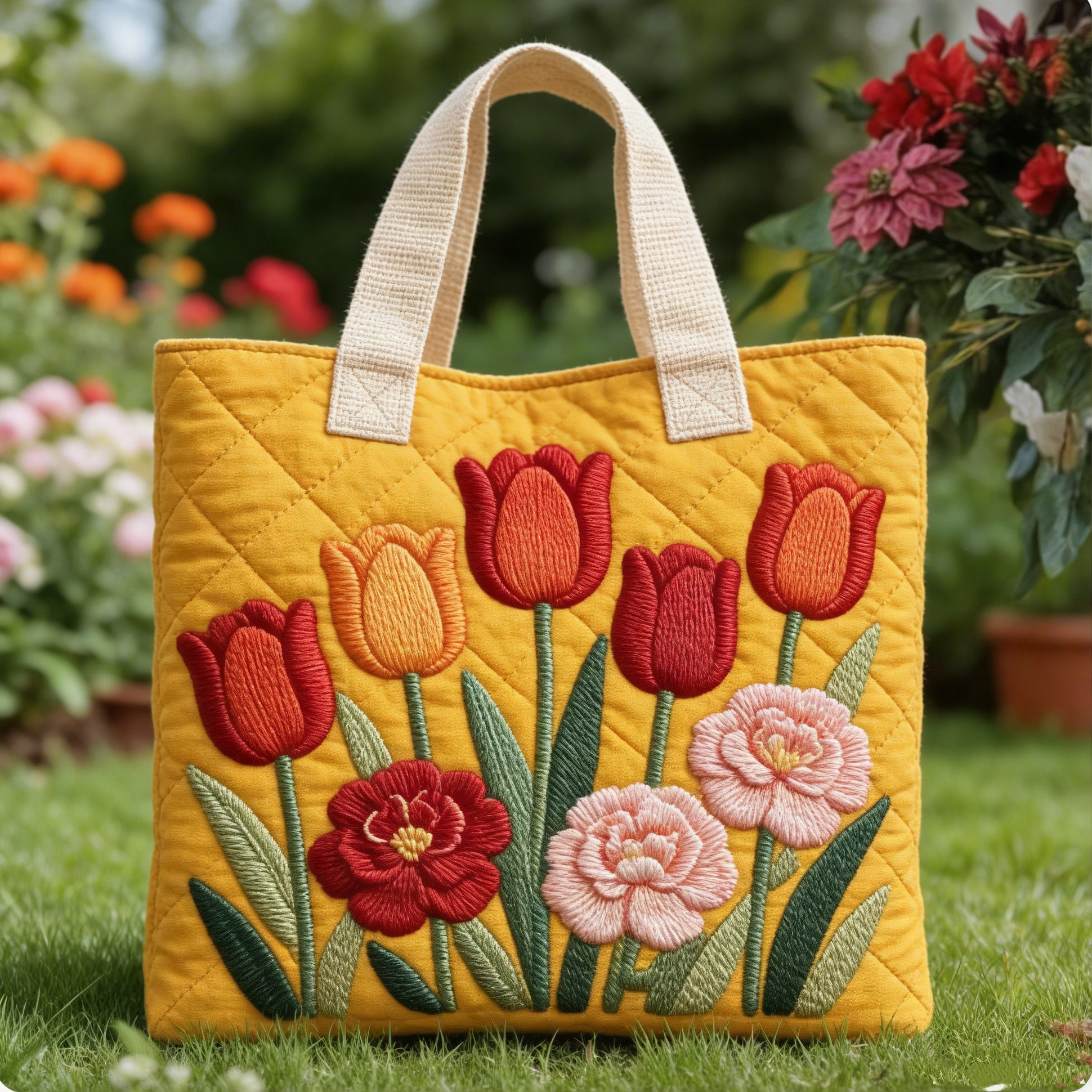 Quilted Tulip & Floral Tote bag: Vibrant Embroidered Blooms for Your Garden Days