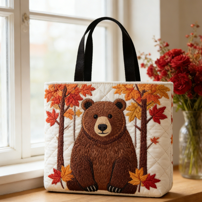 Stitched Brown Bear Quilted Tote Bag: Warm Fall Vibes with Maple Leaf Accents