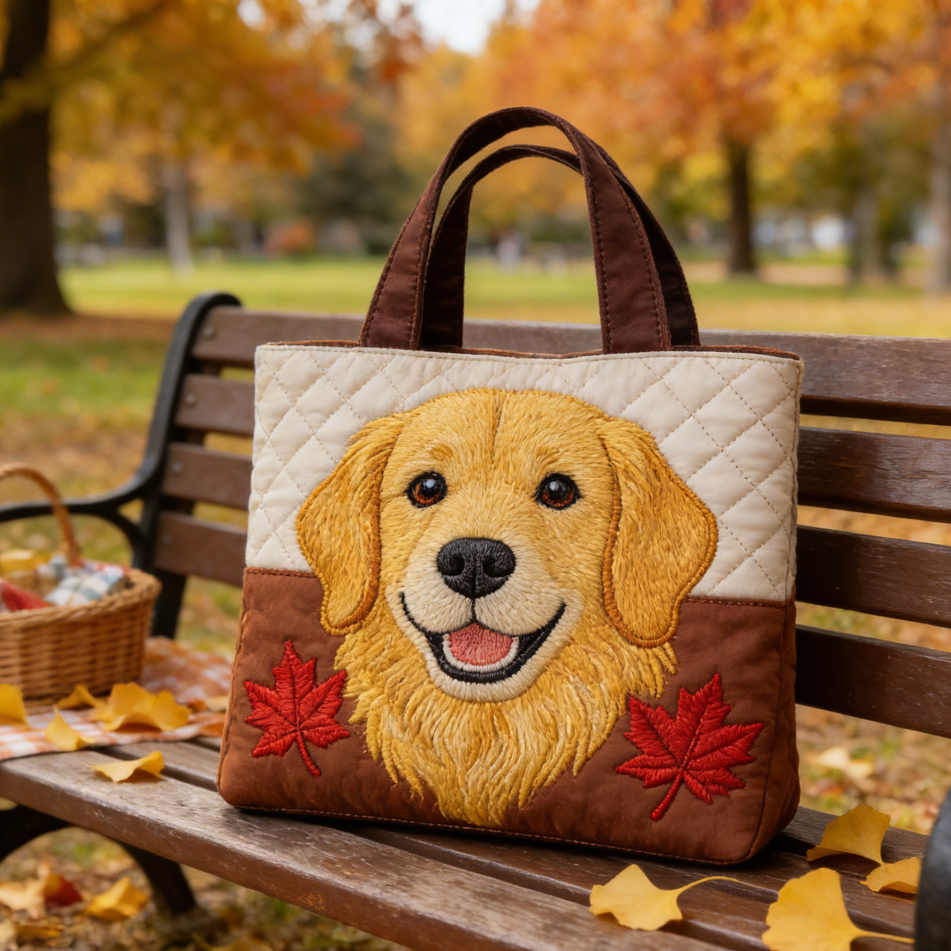Stitched Golden Pup Quilted Tote Bag
