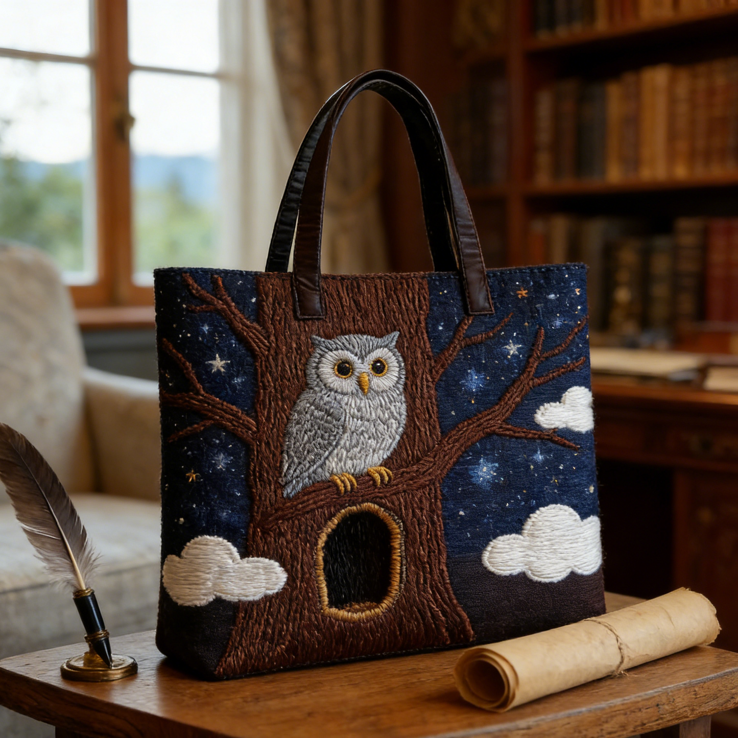 Quilted Starry Owl Tree Tote Bag Quilted Tote Bag