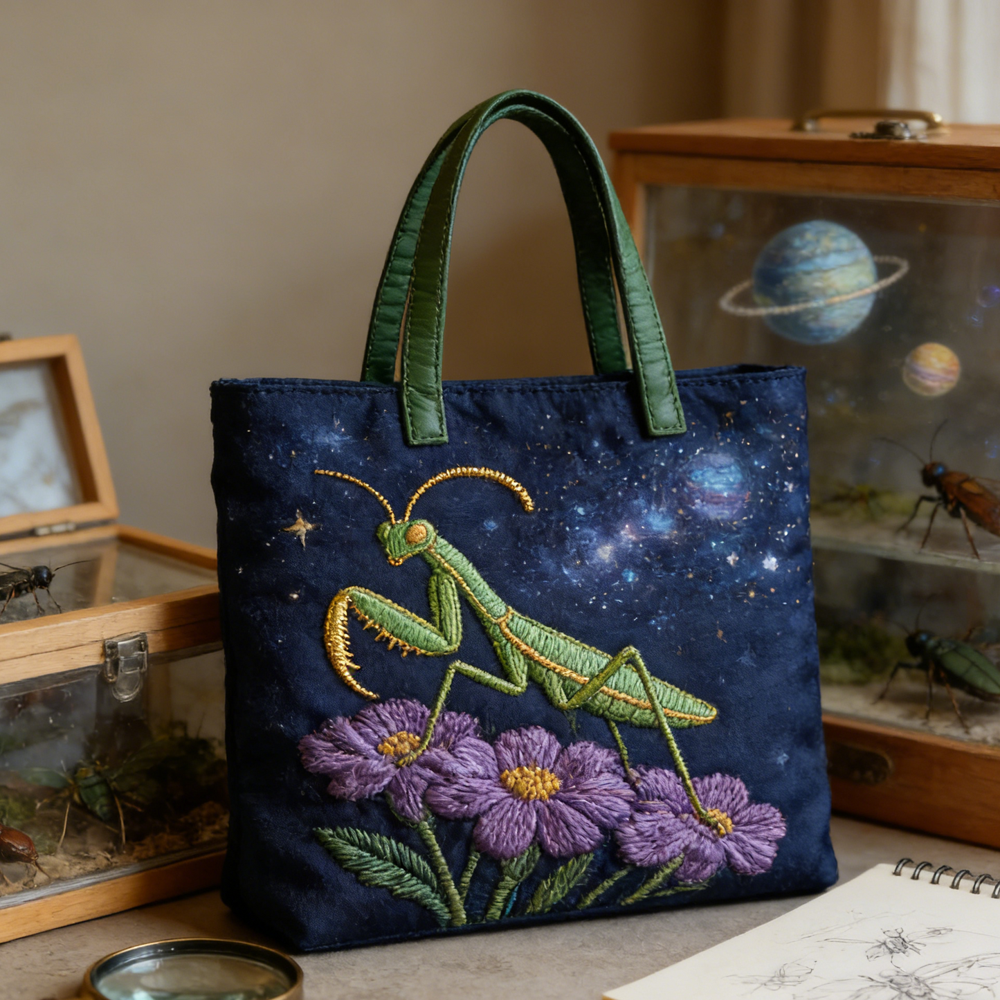 Cosmic Mantis Quilted Tote Bag