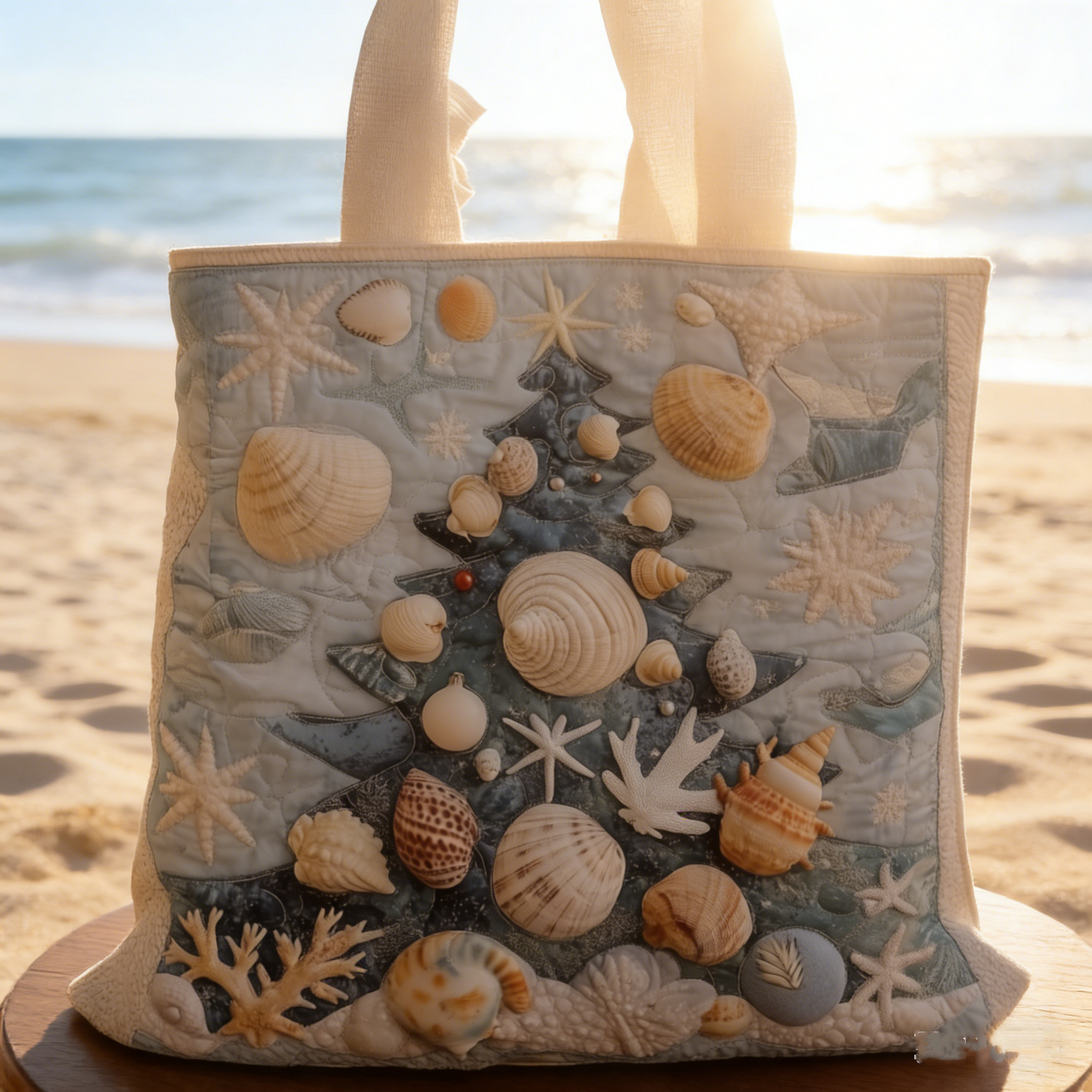 Seashell Christmas Tree Quilted Tote Bag