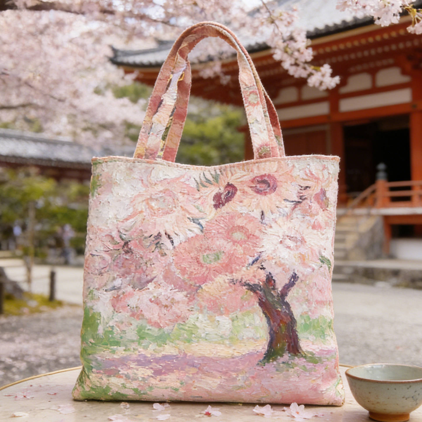 Soft Pink Sakura Art Quilted Tote Bag