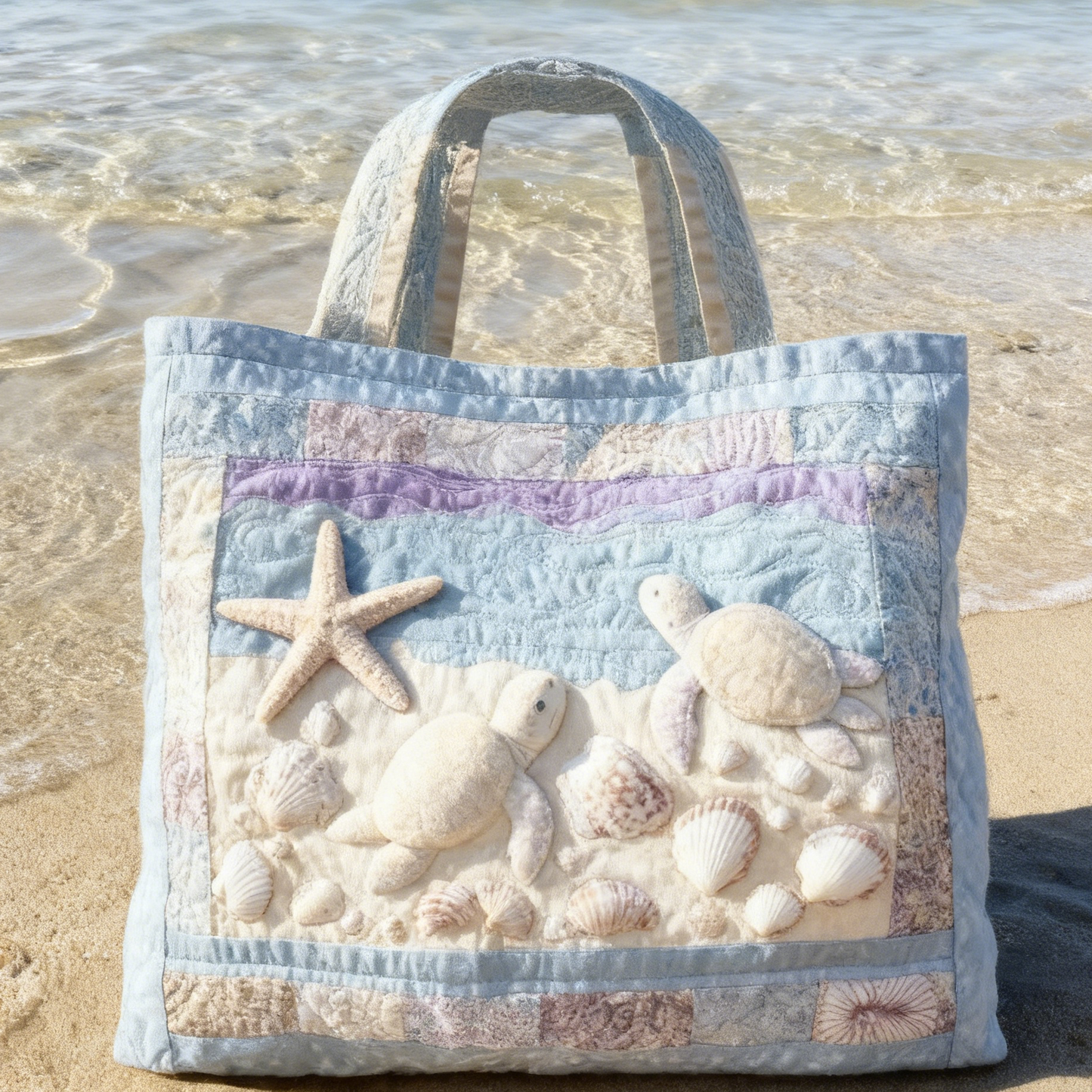 Pale Blue Beach Quilted Tote Bag
