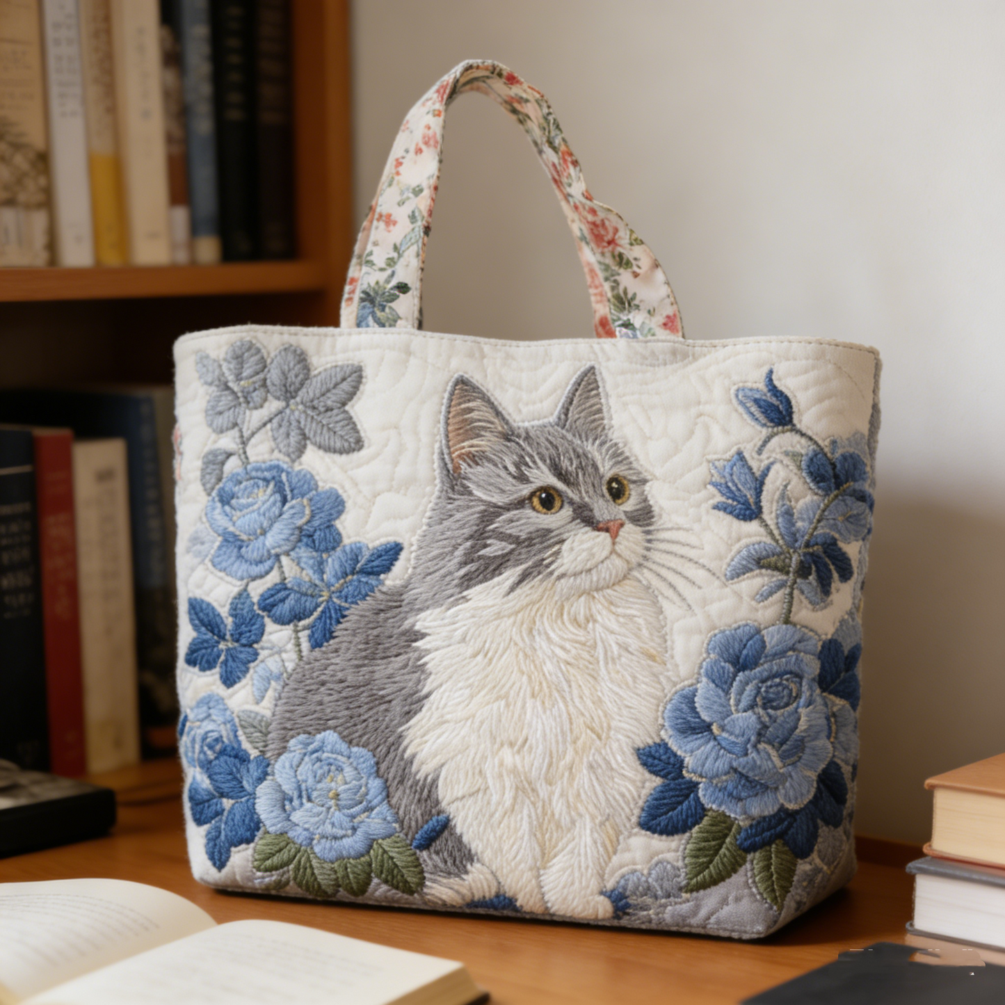 Gray Cat & Blue Rose KlMn8901 Quilted Tote Bag