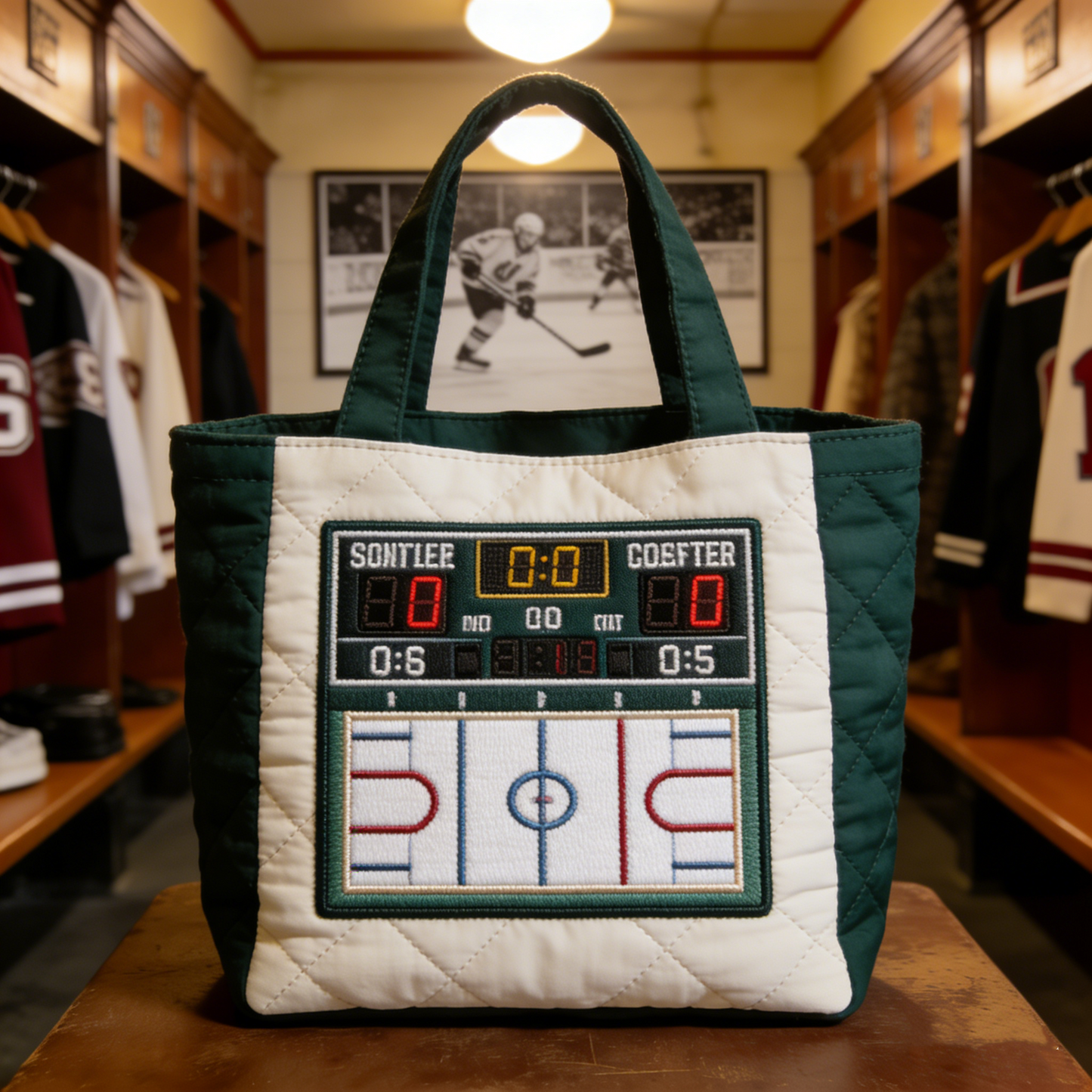 Handmade Quilted Sporty Tote Bag, Hockey Pattern Fabric Shoulder Handbag