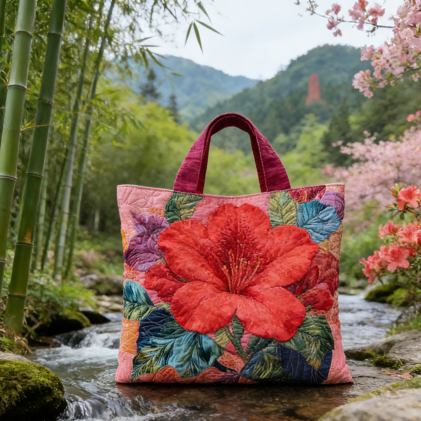 Quilted Red Azalea Tote Bag Quilted Tote Bag