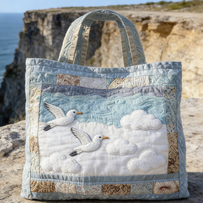 Pale Blue Seagull Quilted Tote Bag