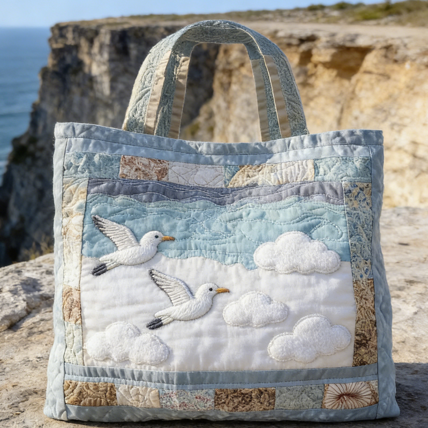 Pale Blue Seagull Quilted Tote Bag
