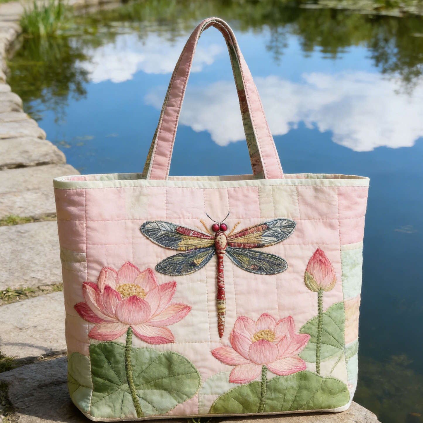 Lotus & Dragonfly Quilted Tote Bag