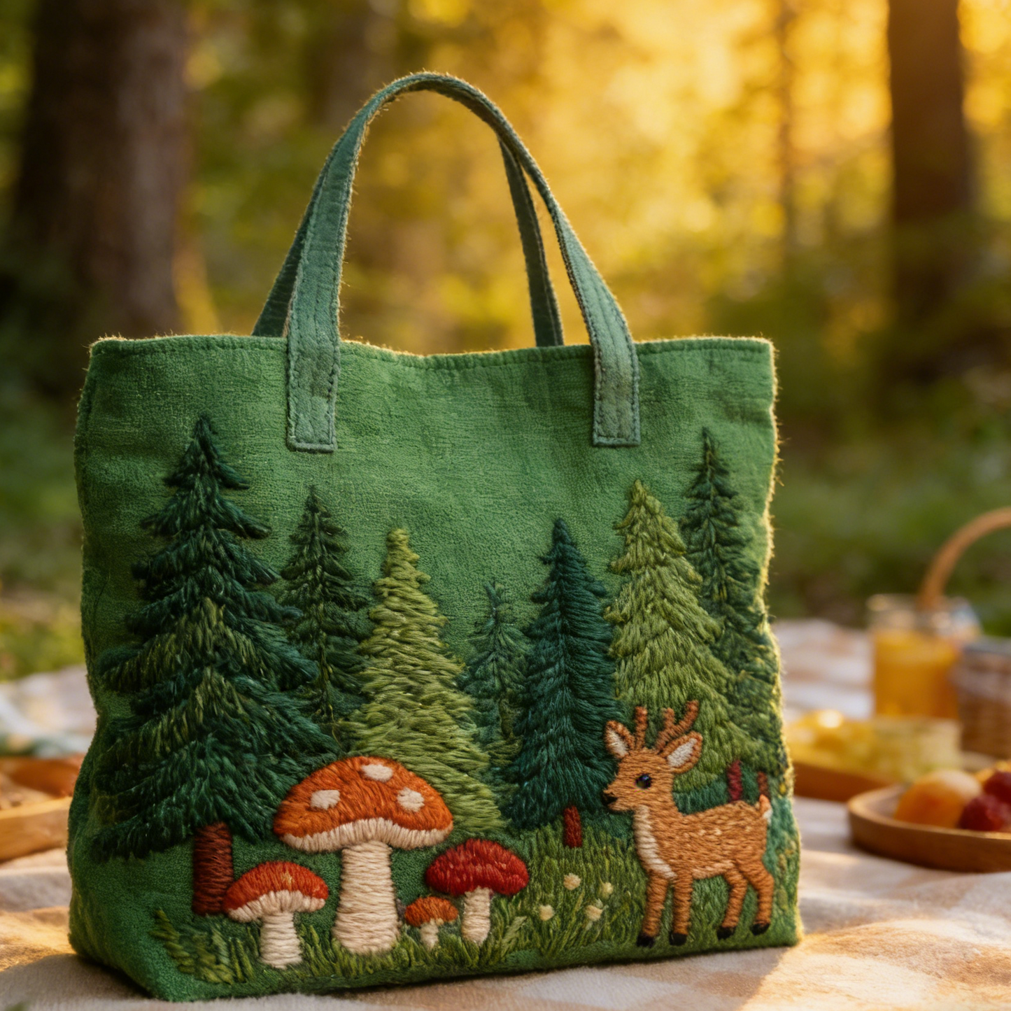 Calm Woodland Pine Fawn Quilted Tote Bag